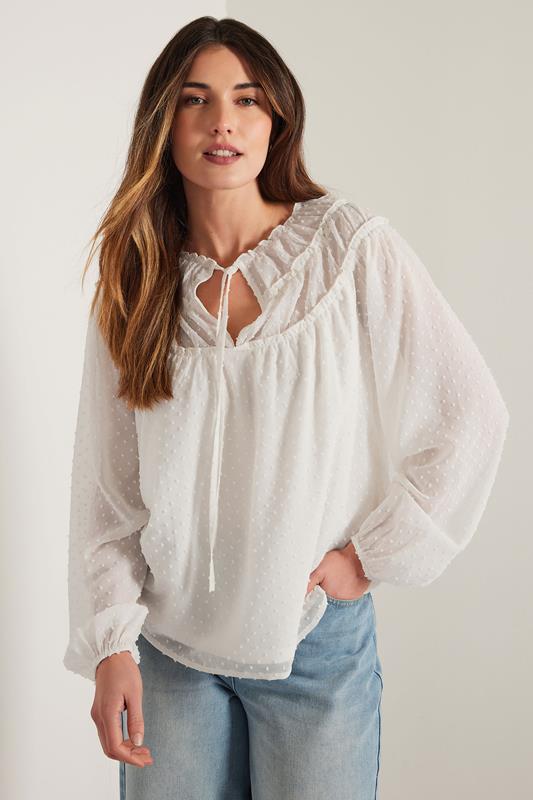 Evans LTS Tall Ivory White Sheer Dobby Tie Neck Blouse