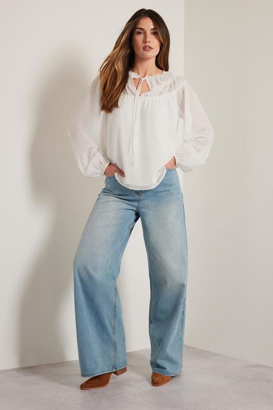 Evans LTS Tall Ivory White Sheer Dobby Tie Neck Blouse