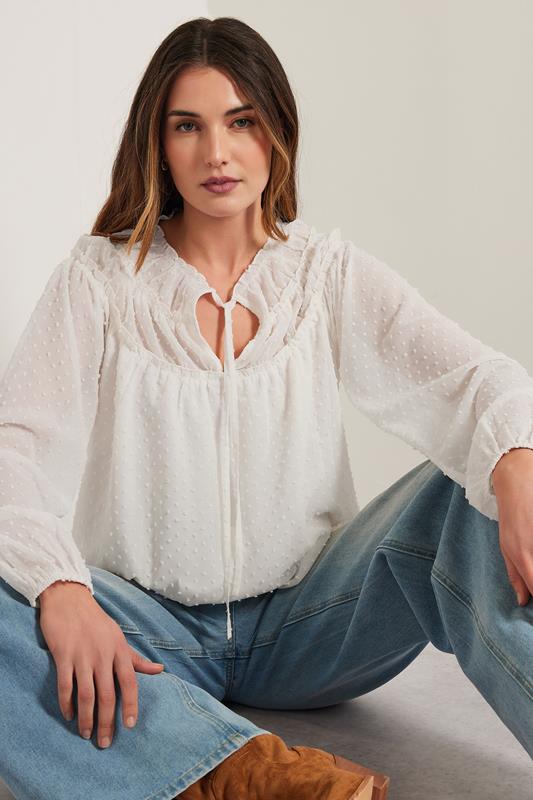 evans LTS Tall Ivory White Sheer Dobby Tie Neck Blouse