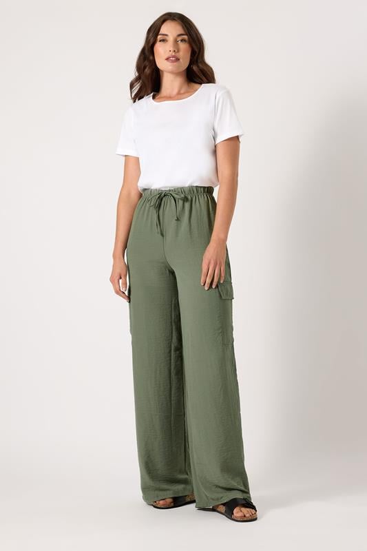 evans LTS Tall Khaki Green Cargo Crepe Wide Leg Trousers