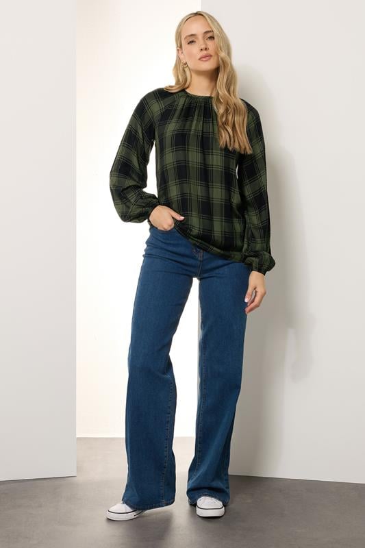 Evans LTS Tall Khaki Green Check Balloon Sleeve Blouse