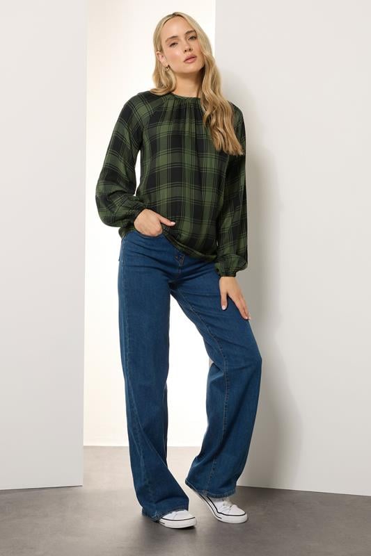 Evans LTS Tall Khaki Green Check Balloon Sleeve Blouse