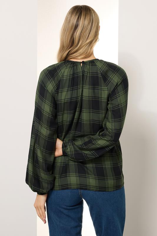 Evans LTS Tall Khaki Green Check Balloon Sleeve Blouse