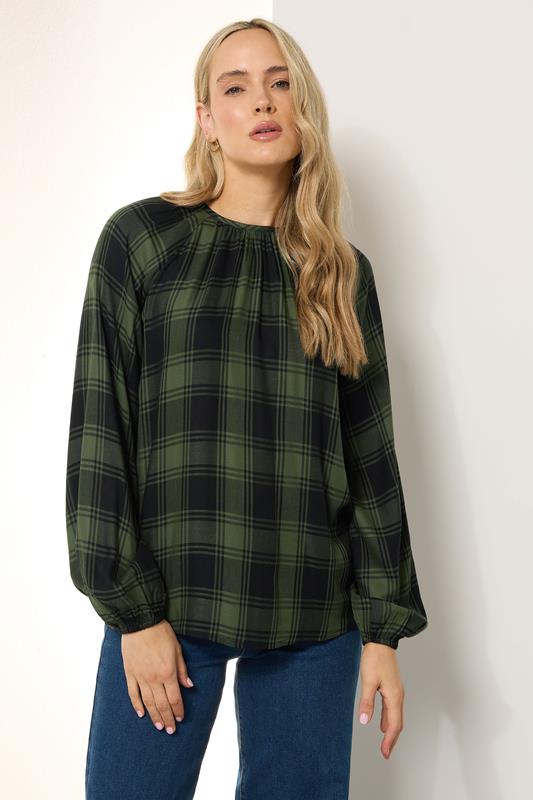 evans LTS Tall Khaki Green Check Balloon Sleeve Blouse