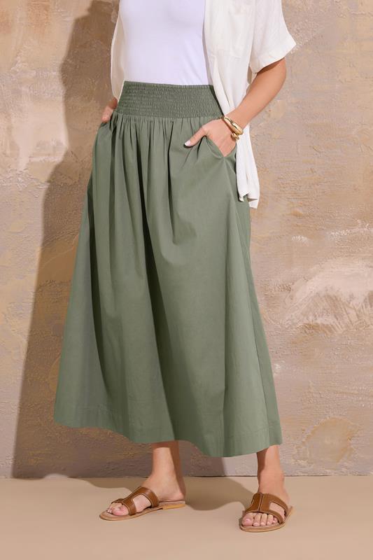 Evans LTS Tall Khaki Green Cotton Shirred Waist Maxi Skirt
