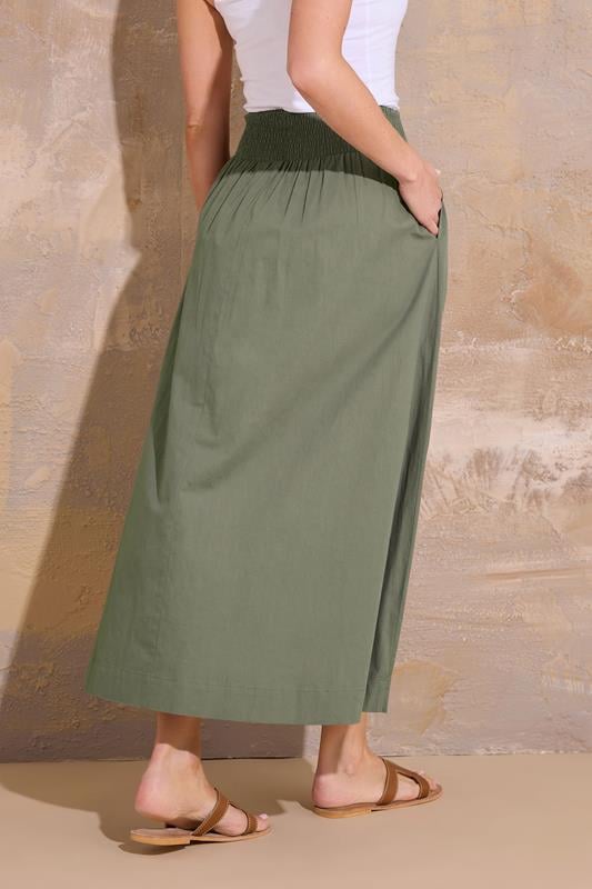 Evans LTS Tall Khaki Green Cotton Shirred Waist Maxi Skirt