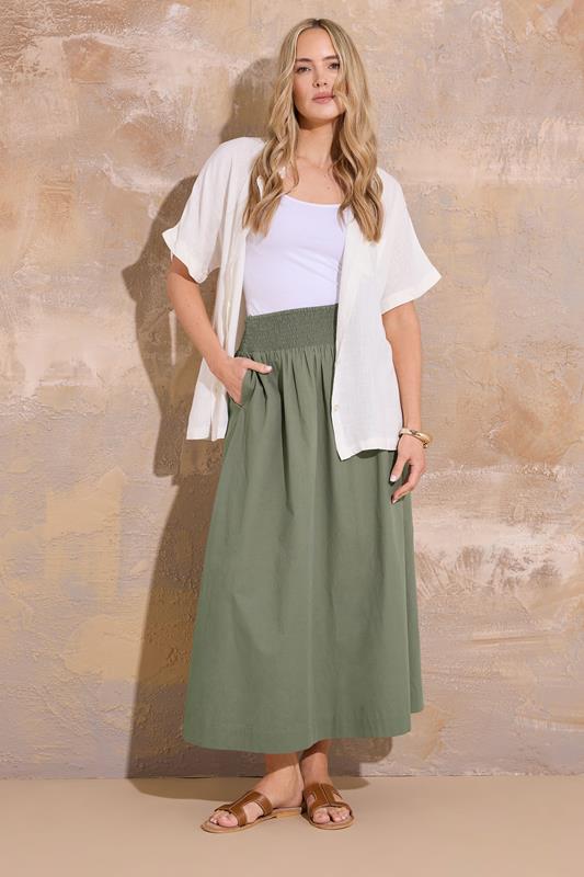 evans LTS Tall Khaki Green Cotton Shirred Waist Maxi Skirt