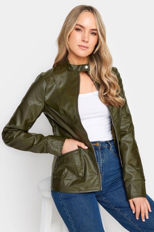 Evans LTS Tall Khaki Green Faux Leather Funnel Neck Jacket