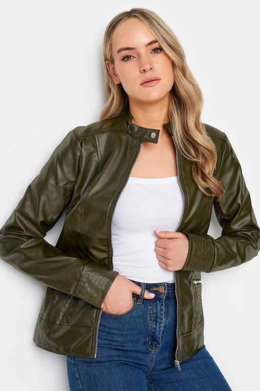 evans LTS Tall Khaki Green Faux Leather Funnel Neck Jacket