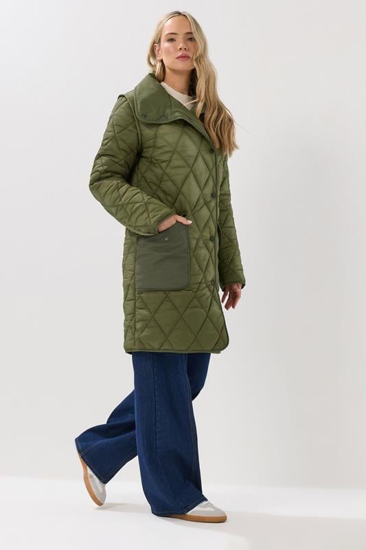 Evans LTS Tall Khaki Green Funnel Neck Quilted Coat