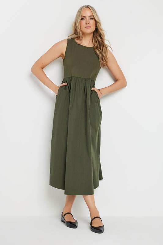 Evans LTS Tall Khaki Green Jersey & Woven Mix Fabric Midi Dress