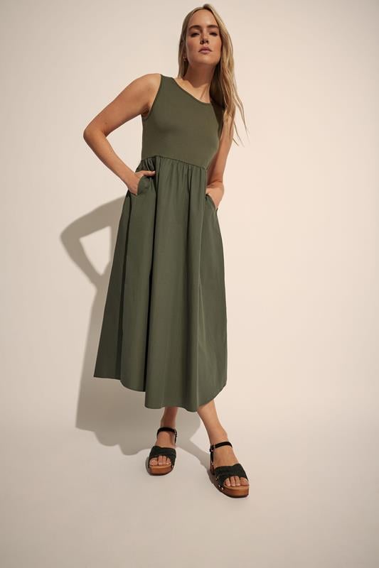 evans LTS Tall Khaki Green Jersey & Woven Mix Fabric Midi Dress