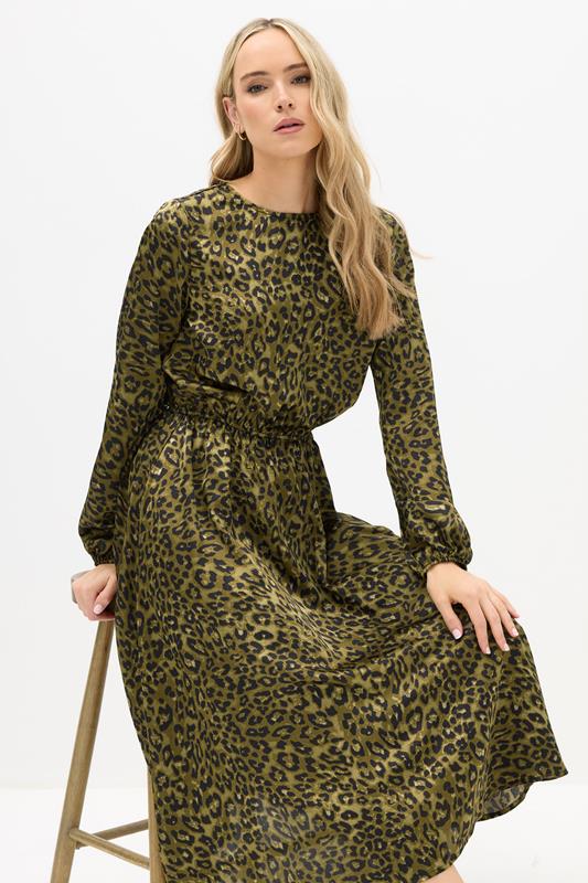 Evans LTS Tall Khaki Green Leopard Print Satin Midi Dress