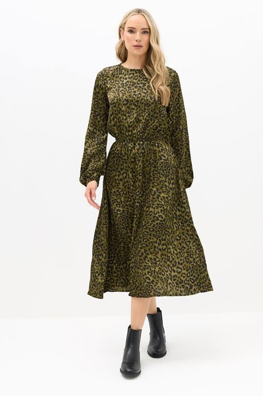 evans LTS Tall Khaki Green Leopard Print Satin Midi Dress