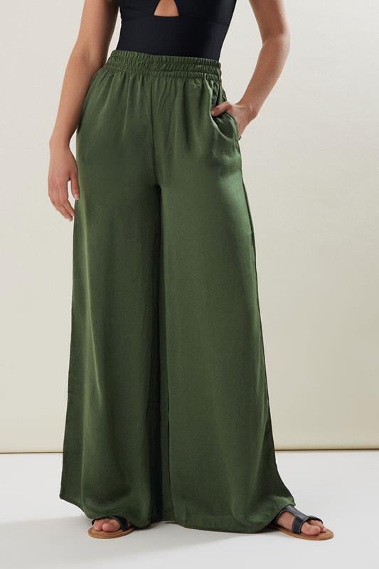 Evans LTS Tall Khaki Green Matt Satin Wide Leg Trousers