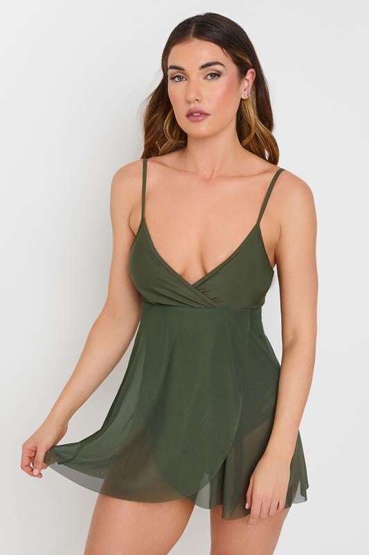 Evans LTS Tall Khaki Green Mesh Skirted Wrap Swimsuit