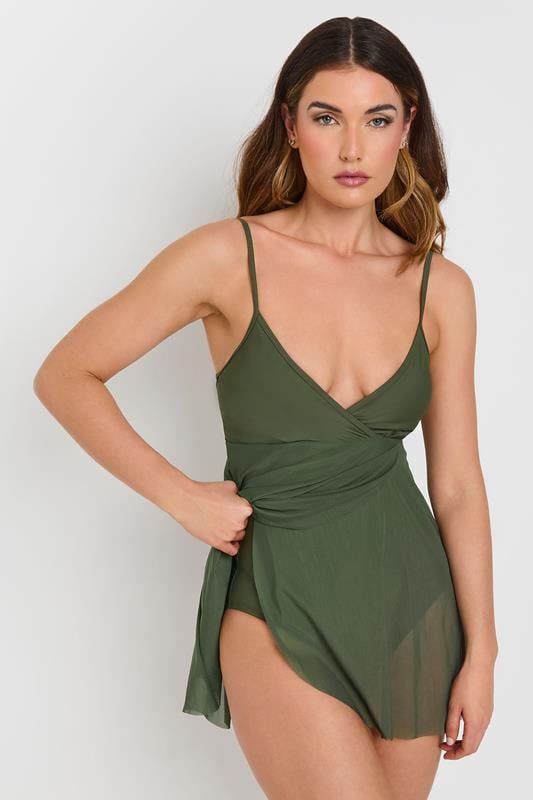 Evans LTS Tall Khaki Green Mesh Skirted Wrap Swimsuit