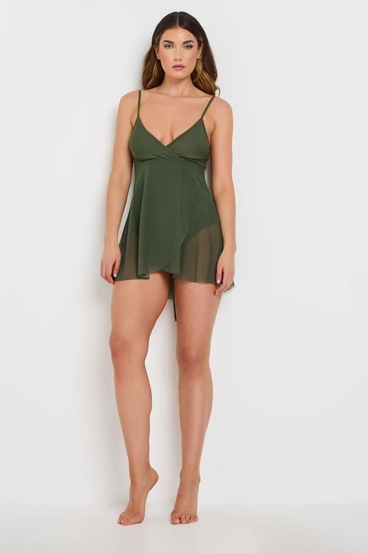 Evans LTS Tall Khaki Green Mesh Skirted Wrap Swimsuit