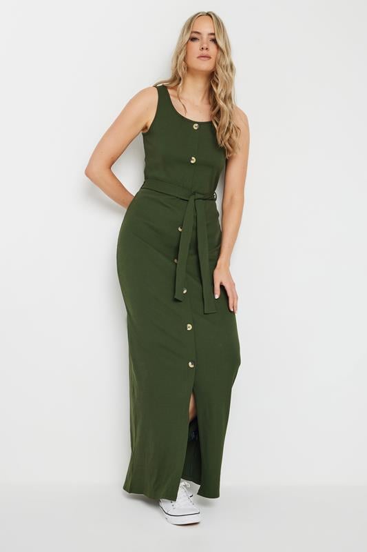 Evans LTS Tall Khaki Green Ribbed Button Through Maxi Dress