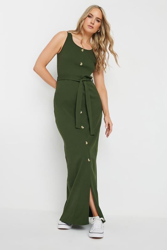 Evans LTS Tall Khaki Green Ribbed Button Through Maxi Dress