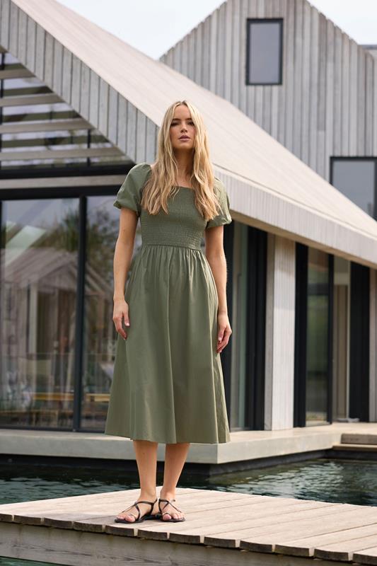 Evans LTS Tall Khaki Green Shirred Puff Sleeve Midi Dress