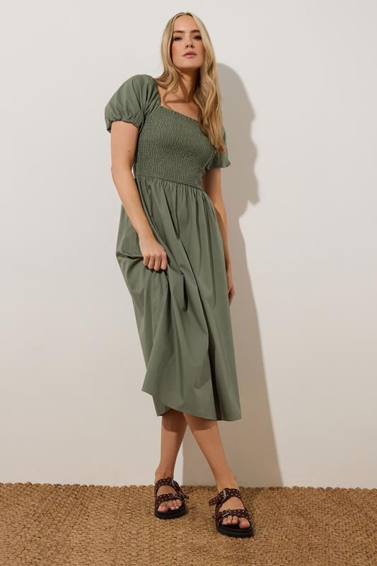 Evans LTS Tall Khaki Green Shirred Puff Sleeve Midi Dress