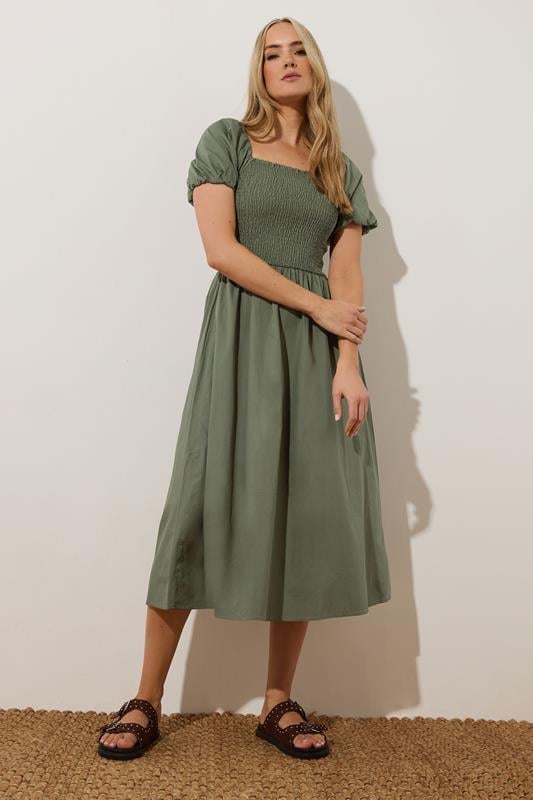 evans LTS Tall Khaki Green Shirred Puff Sleeve Midi Dress