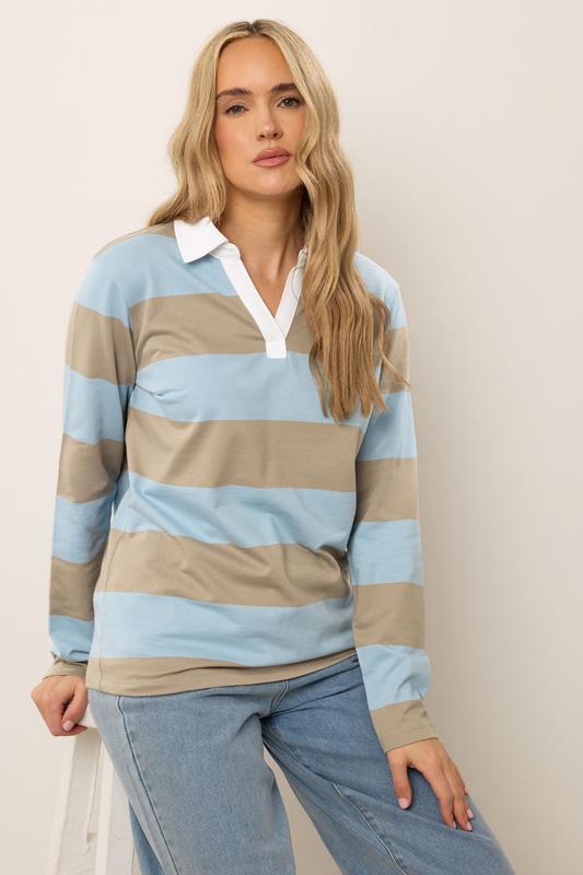 Evans LTS Tall Light Blue & Brown Stripe Rugby Sweatshirt