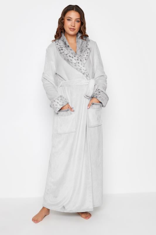 evans LTS Tall Light Grey Animal Print Shawl Maxi Dressing Gown