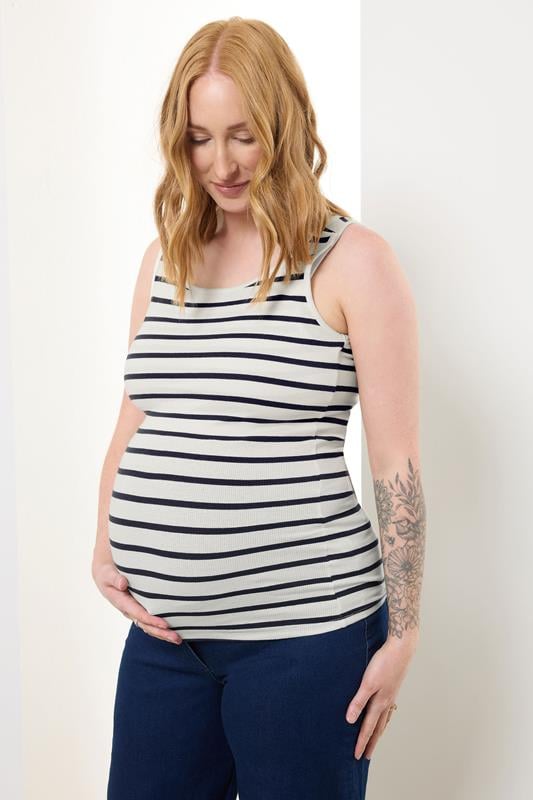 evans LTS Tall Maternity Ivory White Stripe Popper Fastening Nursing Vest