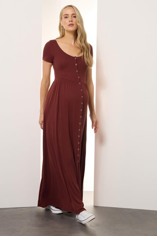 Evans LTS Tall Maternity Rust Brown Modal Ribbed Button Maxi Dress