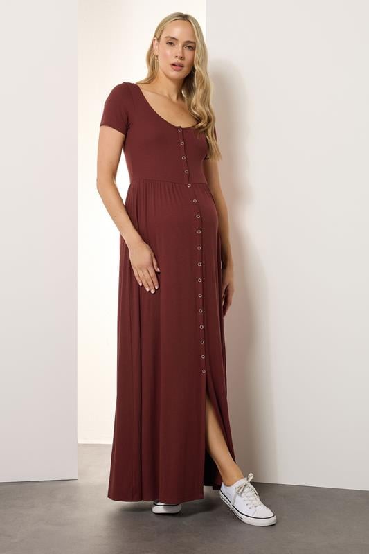 evans LTS Tall Maternity Rust Brown Modal Ribbed Button Maxi Dress