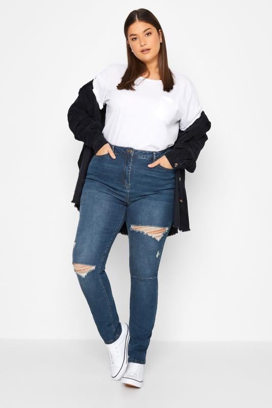 Evans LTS Tall Mid Blue Distressed AVA Stretch Skinny Jeans