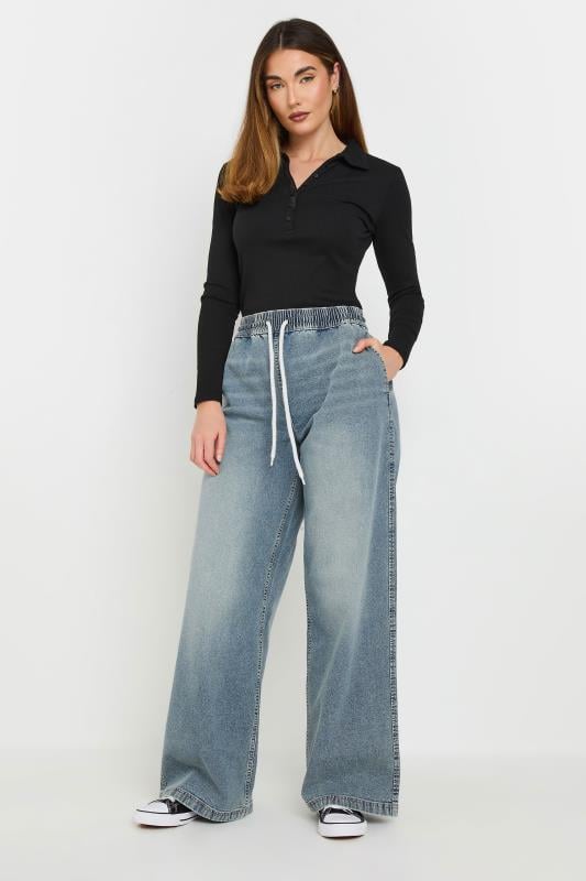 Evans LTS Tall Mid Blue Washed Denim Pull-On Wide Leg Jeans