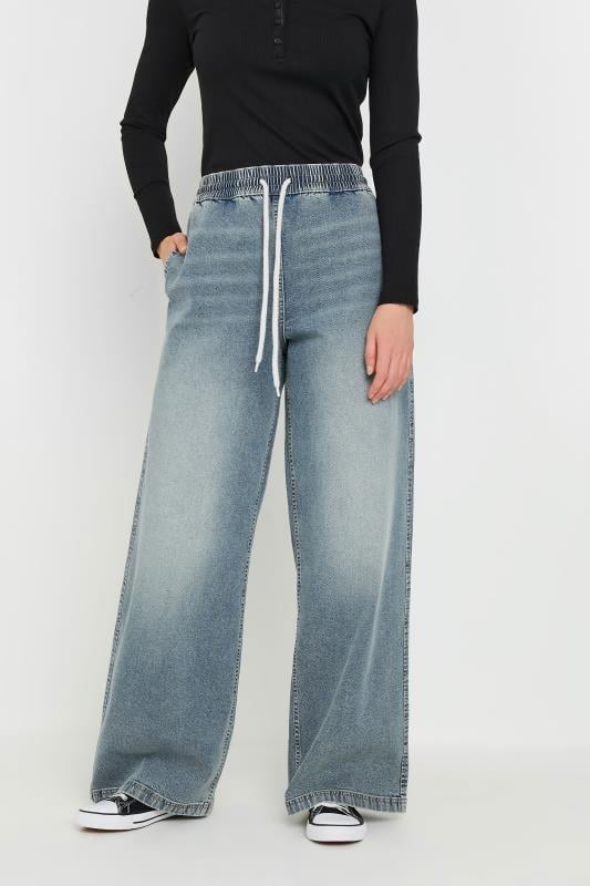 Evans LTS Tall Mid Blue Washed Denim Pull-On Wide Leg Jeans