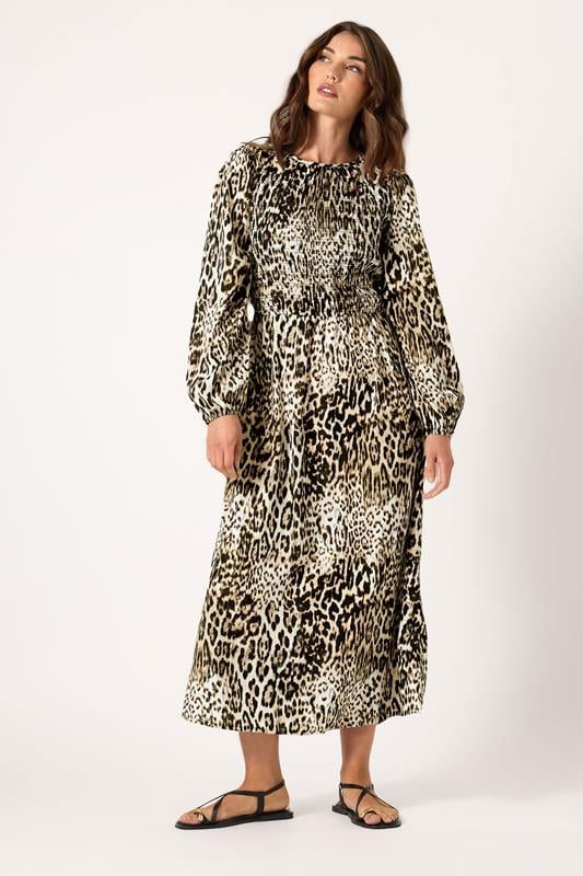 Evans LTS Tall Natural Brown Animal Print Shirred Midaxi Dress