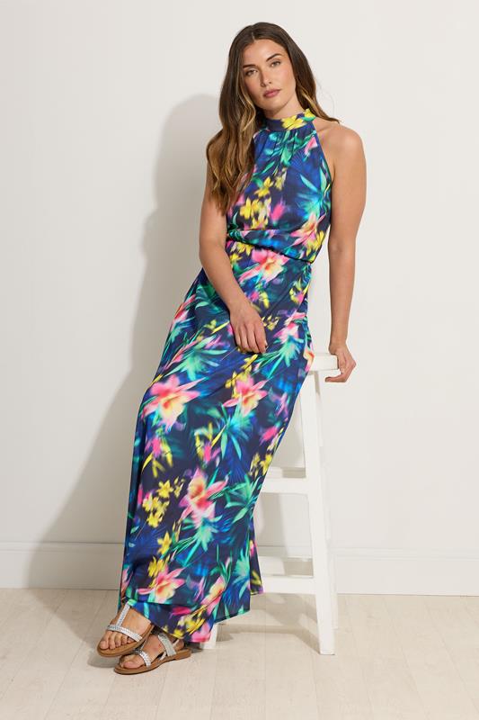 Evans LTS Tall Navy Blue Abstract Floral Halter Neck Maxi Dress