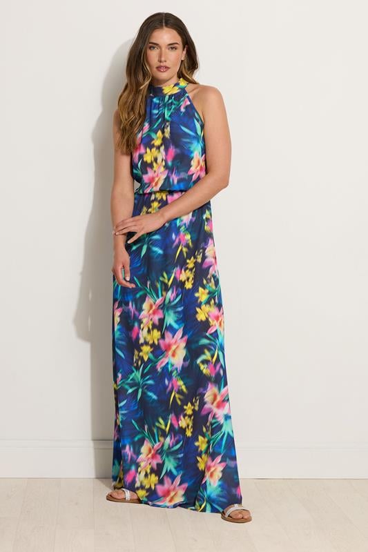 evans LTS Tall Navy Blue Abstract Floral Halter Neck Maxi Dress