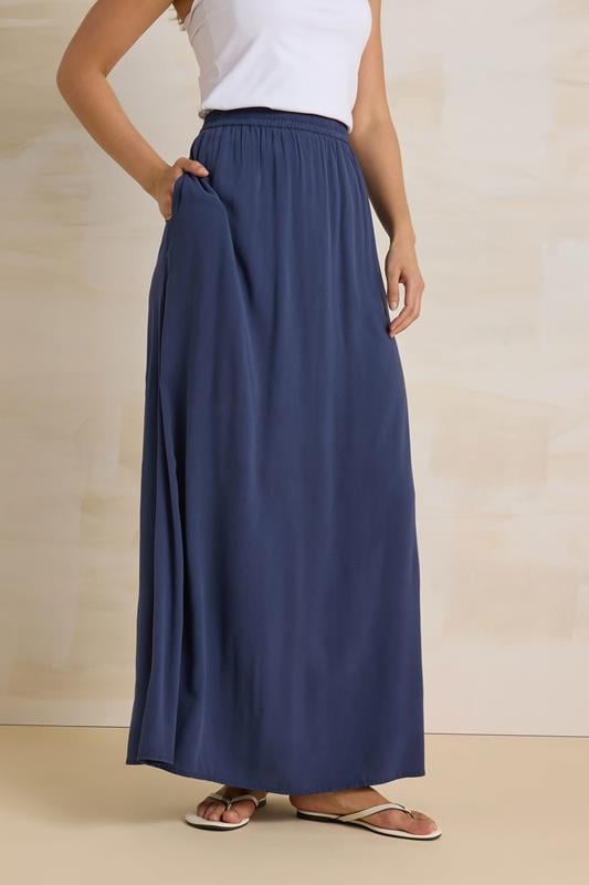 Evans LTS Tall Navy Blue Acid Wash Side Split Maxi Skirt