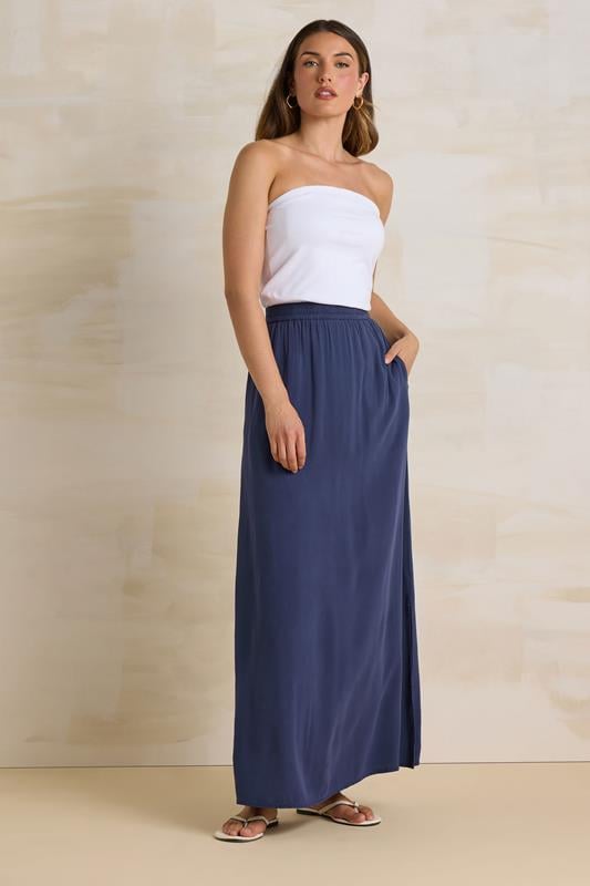 evans LTS Tall Navy Blue Acid Wash Side Split Maxi Skirt