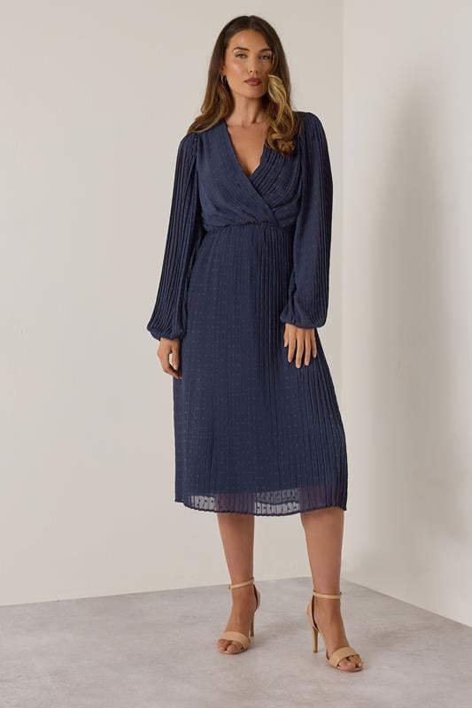 Evans LTS Tall Navy Blue Chiffon Dobby Pleated Wrap Midi Dress