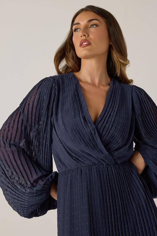 Evans LTS Tall Navy Blue Chiffon Dobby Pleated Wrap Midi Dress