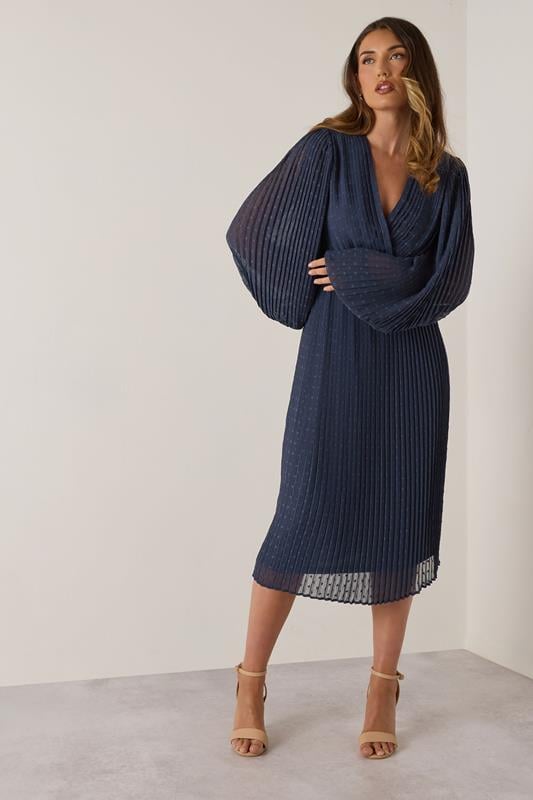 evans LTS Tall Navy Blue Chiffon Dobby Pleated Wrap Midi Dress