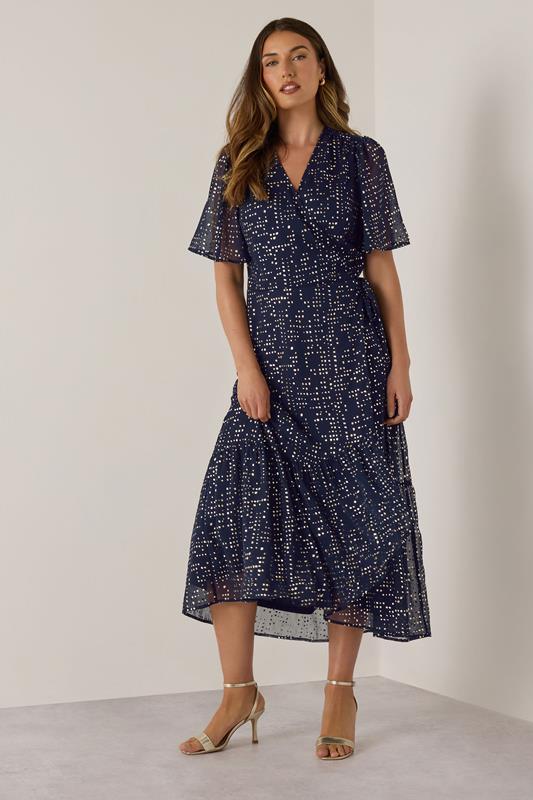 Evans LTS Tall Navy Blue Chiffon Foil Dot Wrap Dress