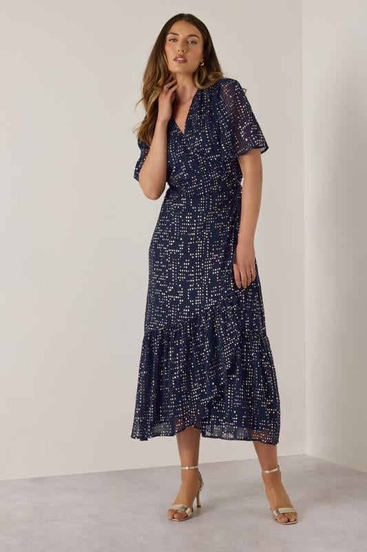 evans LTS Tall Navy Blue Chiffon Foil Dot Wrap Dress