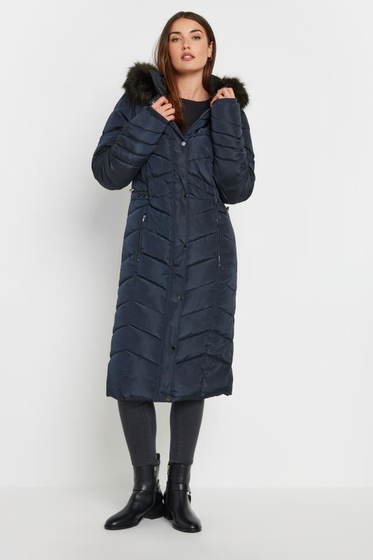 Evans LTS Tall Navy Blue Faux Fur Trim Padded Longline Coat