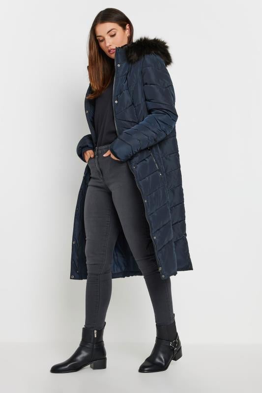 evans LTS Tall Navy Blue Faux Fur Trim Padded Longline Coat