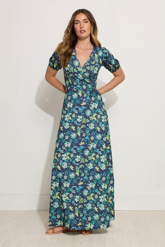 Evans LTS Tall Navy Blue & Green Floral Print Wrap Maxi Dress