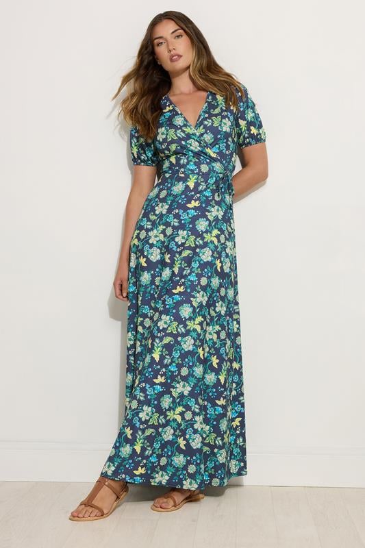 evans LTS Tall Navy Blue & Green Floral Print Wrap Maxi Dress