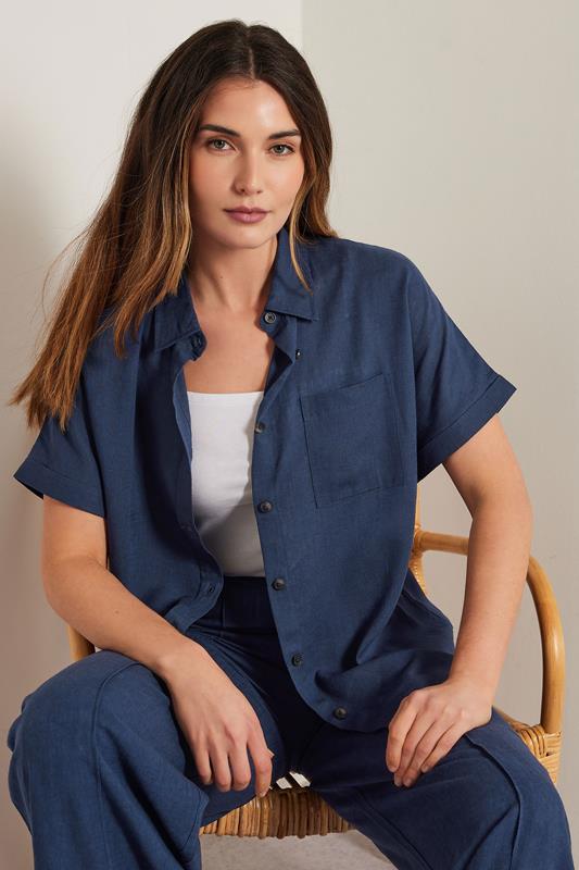 Evans LTS Tall Navy Blue Linen Oversized Short Sleeve Shirt